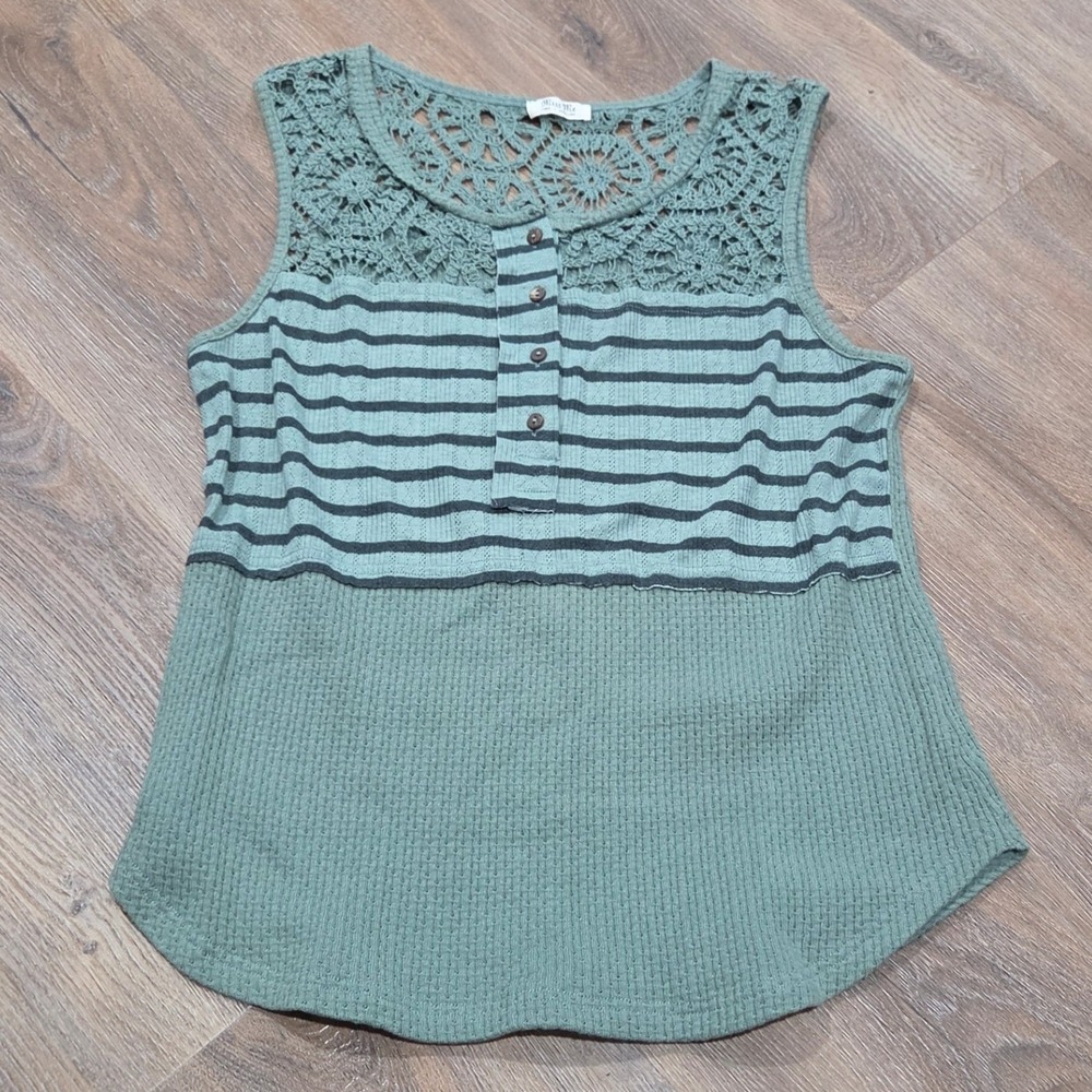 Miss Me Sage Green Crochet Lace Waffle Knit Striped Henley Tank Top MT2615T L